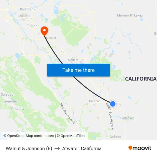 Walnut & Johnson (E) to Atwater, California map