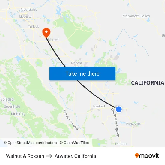 Walnut & Roxsan to Atwater, California map