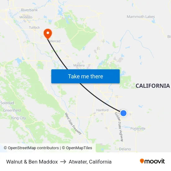 Walnut & Ben Maddox to Atwater, California map