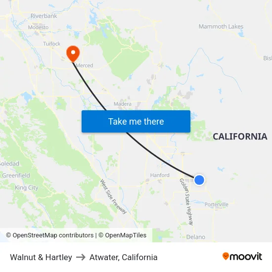 Walnut & Hartley to Atwater, California map
