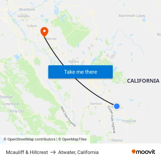 Mcauliff & Hillcrest to Atwater, California map