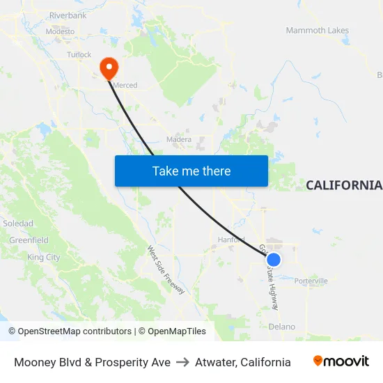 Mooney Blvd & Prosperity Ave to Atwater, California map