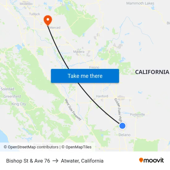 Bishop St & Ave 76 to Atwater, California map