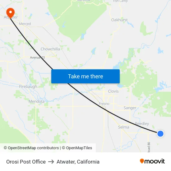 Orosi Post Office to Atwater, California map