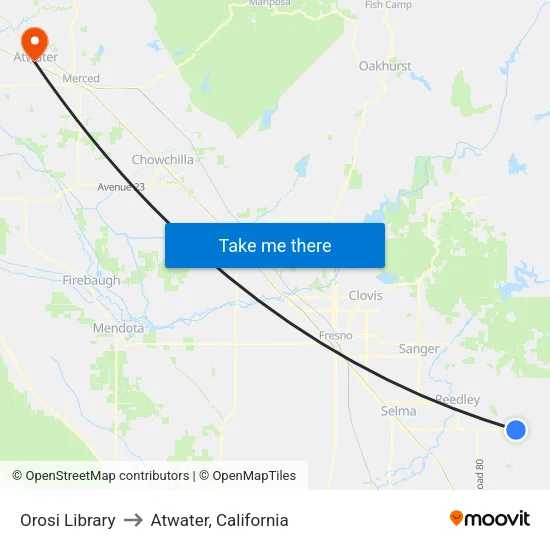 Orosi Library to Atwater, California map