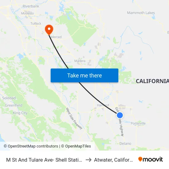 M St And Tulare Ave- Shell Station to Atwater, California map