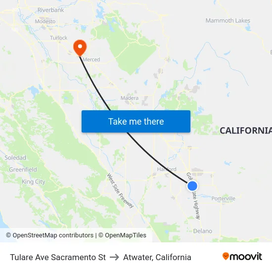 Tulare Ave Sacramento St to Atwater, California map