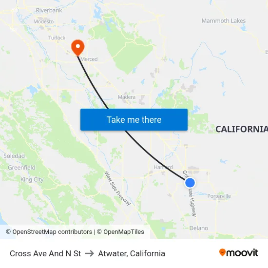 Cross Ave And N St to Atwater, California map