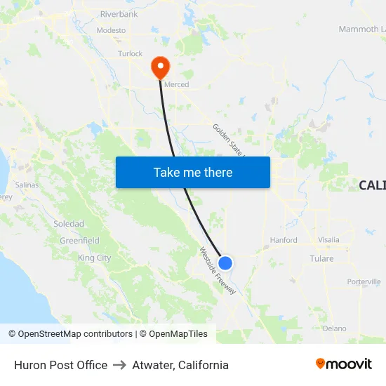Huron Post Office to Atwater, California map