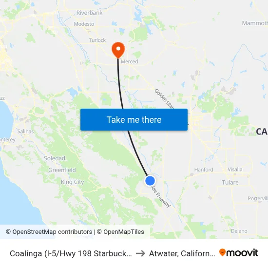 Coalinga (I-5/Hwy 198 Starbucks) to Atwater, California map