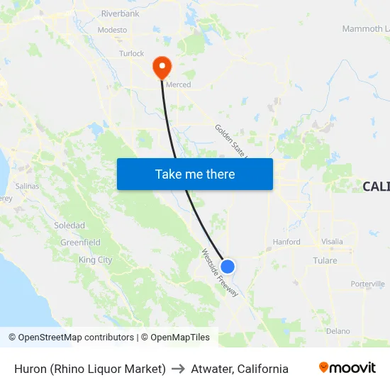 Huron (Rhino Liquor Market) to Atwater, California map