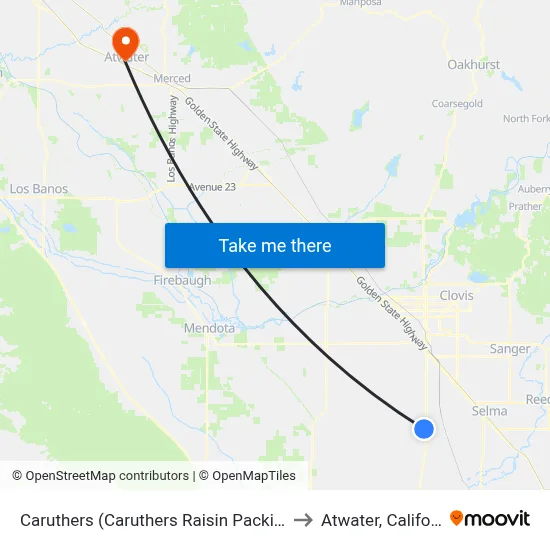 Caruthers (Caruthers Raisin Packing Co) to Atwater, California map