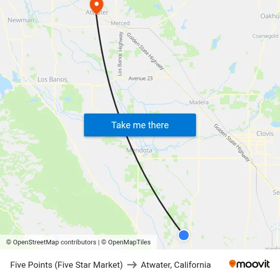 Five Points (Five Star Market) to Atwater, California map