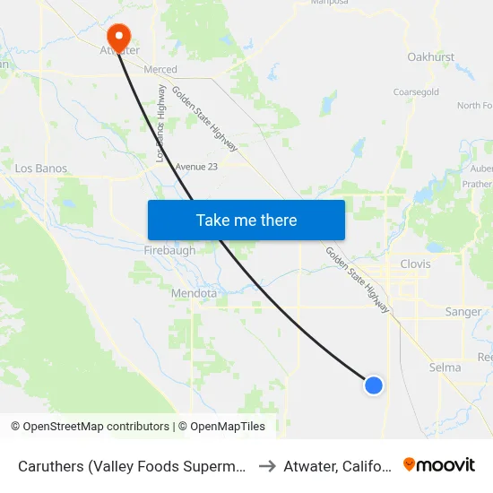 Caruthers (Valley Foods Supermarket) to Atwater, California map
