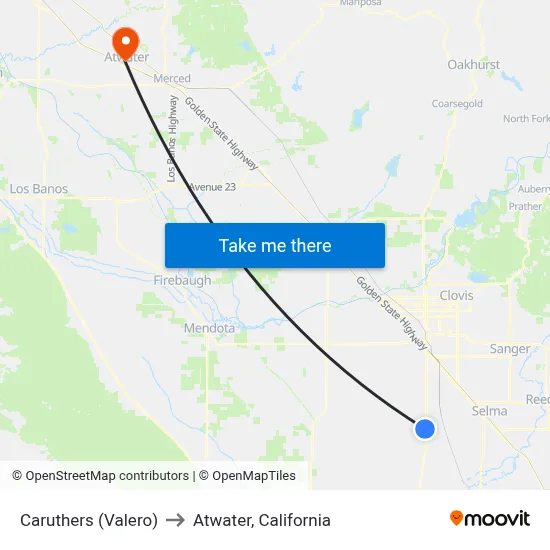 Caruthers (Valero) to Atwater, California map