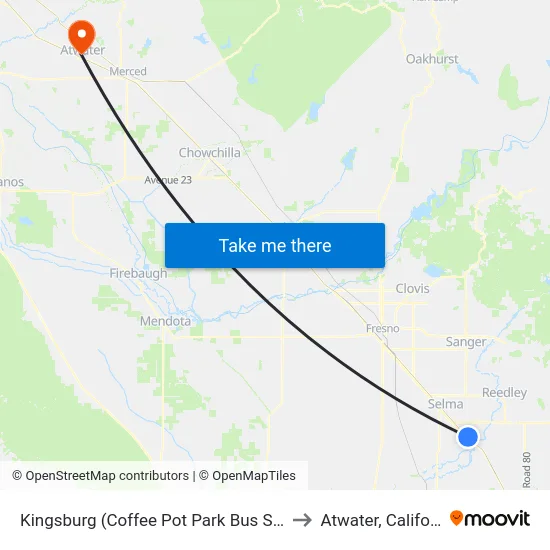 Kingsburg (Coffee Pot Park Bus Shelter) to Atwater, California map