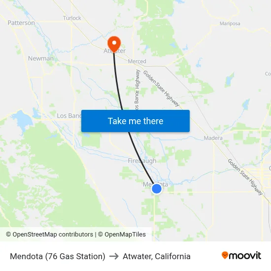 Mendota (76 Gas Station) to Atwater, California map