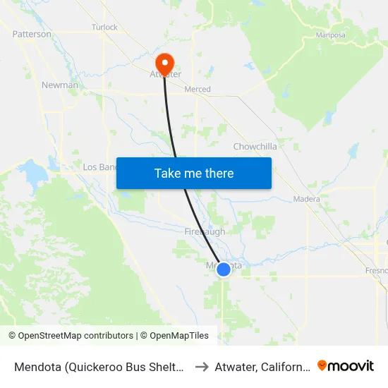 Mendota (Quickeroo Bus Shelter) to Atwater, California map