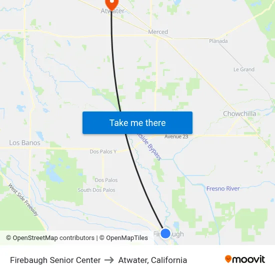 Firebaugh Senior Center to Atwater, California map