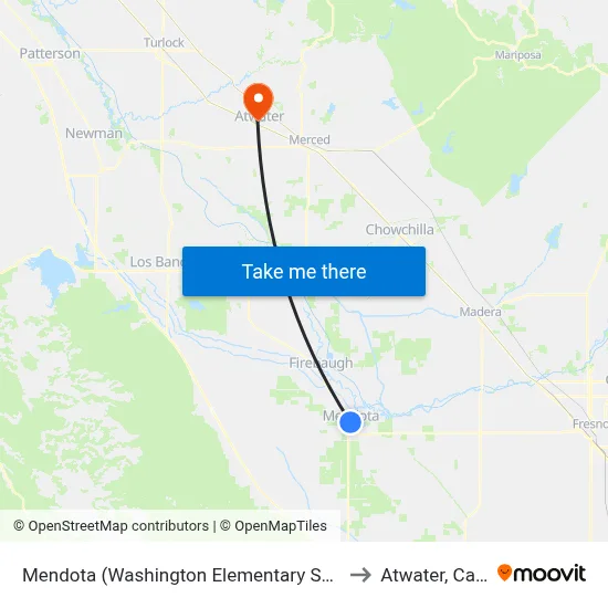 Mendota (Washington Elementary School Bus Shelter) to Atwater, California map