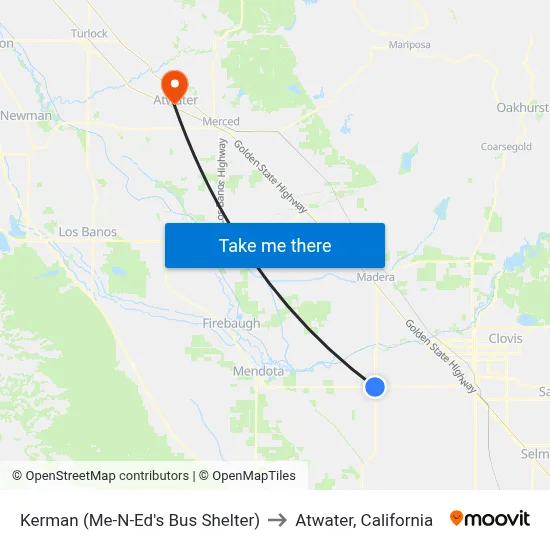 Kerman (Me-N-Ed's Bus Shelter) to Atwater, California map