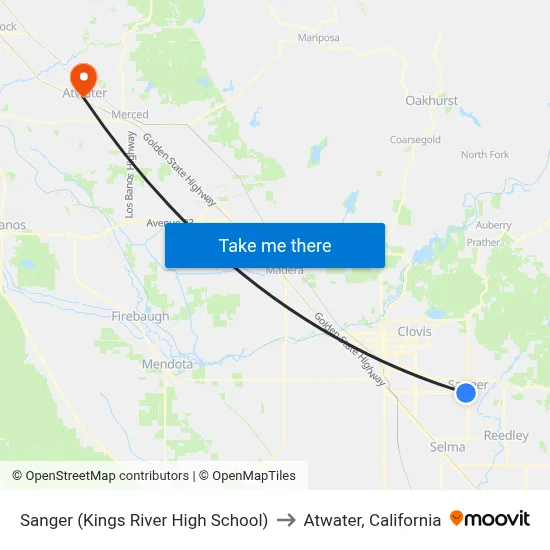 Sanger (Kings River High School) to Atwater, California map