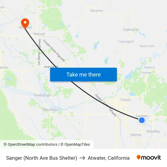 Sanger (North Ave Bus Shelter) to Atwater, California map
