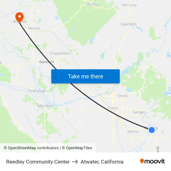 Reedley Community Center to Atwater, California map