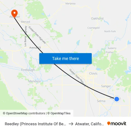 Reedley (Princess Institute Of Beauty) to Atwater, California map