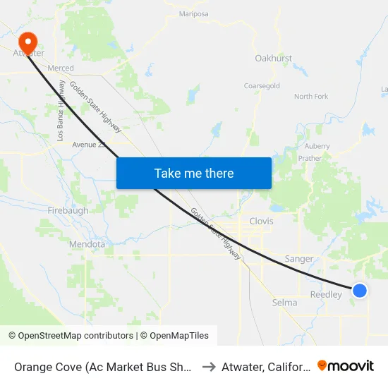 Orange Cove (Ac Market Bus Shelter) to Atwater, California map