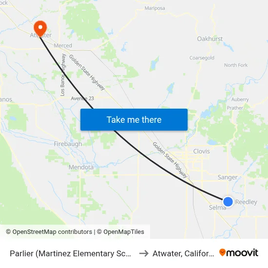 Parlier (Martinez Elementary School) to Atwater, California map