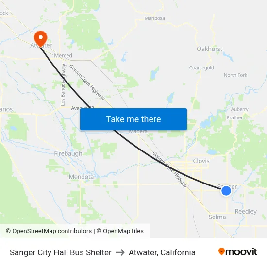 Sanger City Hall Bus Shelter to Atwater, California map