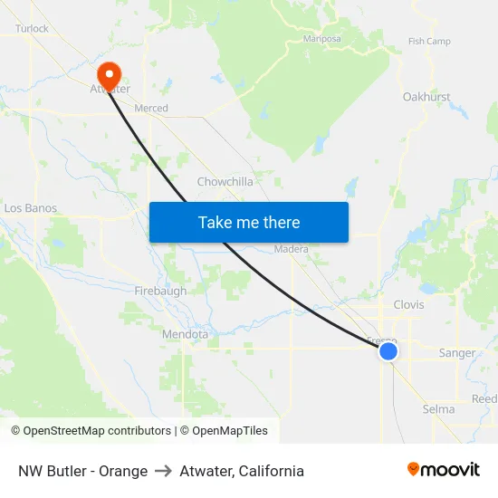 NW Butler - Orange to Atwater, California map