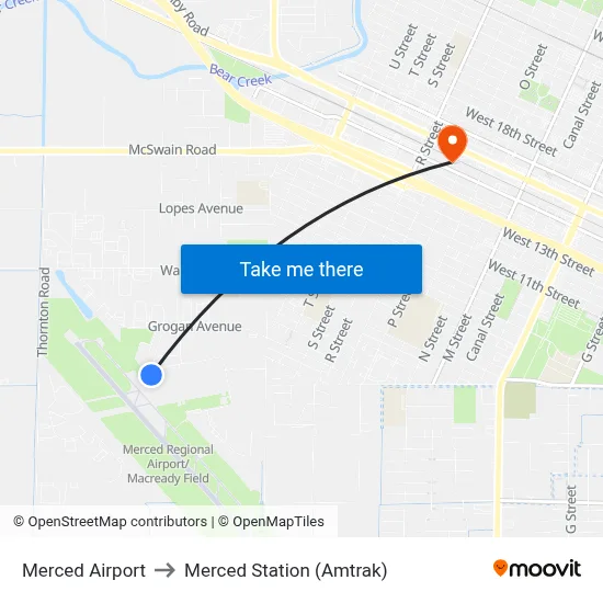 Merced Airport to Merced Station (Amtrak) map