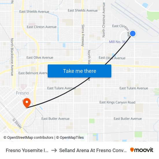 Fresno Yosemite International Airport to Selland Arena At Fresno Convention & Entertainment Center map