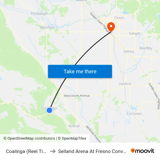 Coalinga (Reel Time Entertainment) to Selland Arena At Fresno Convention & Entertainment Center map