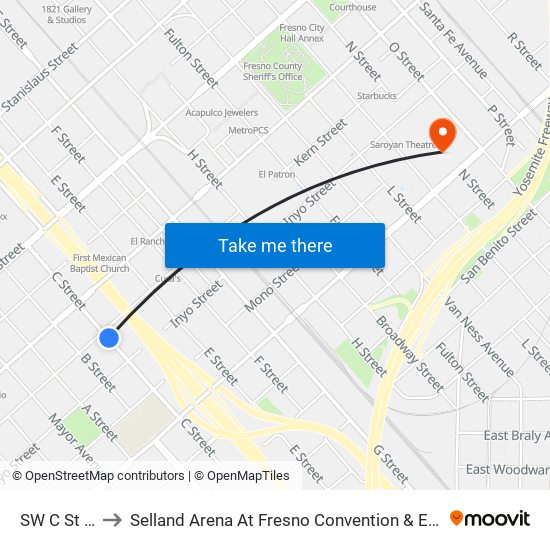 SW C St - Kern to Selland Arena At Fresno Convention & Entertainment Center map