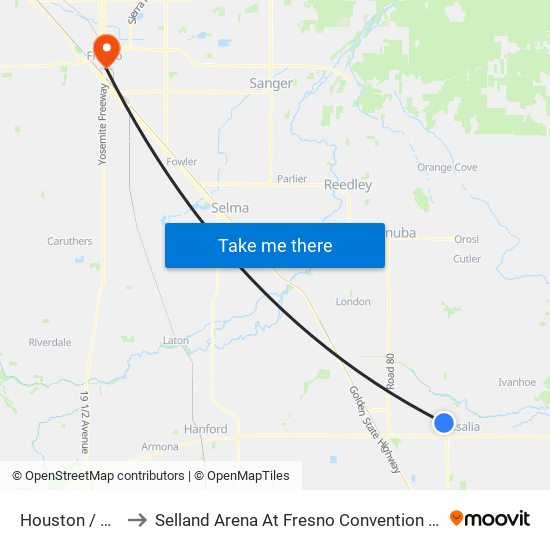 Houston / Woodland to Selland Arena At Fresno Convention & Entertainment Center map