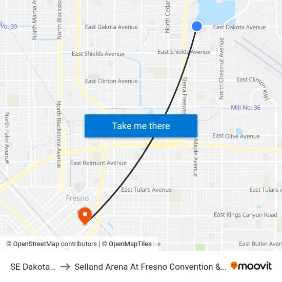 SE Dakota - Maple to Selland Arena At Fresno Convention & Entertainment Center map