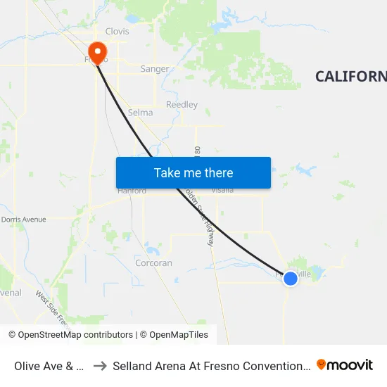 Olive Ave & Kessing St to Selland Arena At Fresno Convention & Entertainment Center map