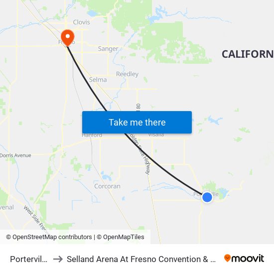 Porterville Dmv to Selland Arena At Fresno Convention & Entertainment Center map