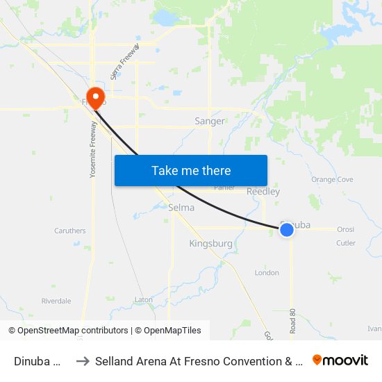 Dinuba Walmart to Selland Arena At Fresno Convention & Entertainment Center map