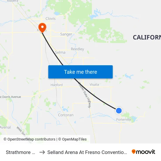 Strathmore Post Office to Selland Arena At Fresno Convention & Entertainment Center map