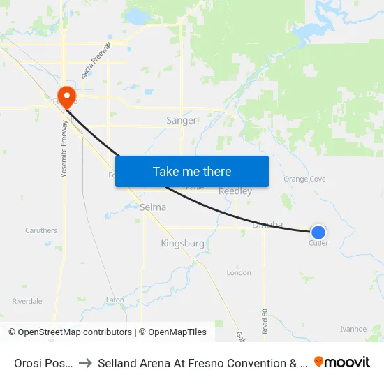 Orosi Post Office to Selland Arena At Fresno Convention & Entertainment Center map