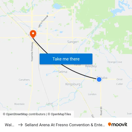 Walmart to Selland Arena At Fresno Convention & Entertainment Center map