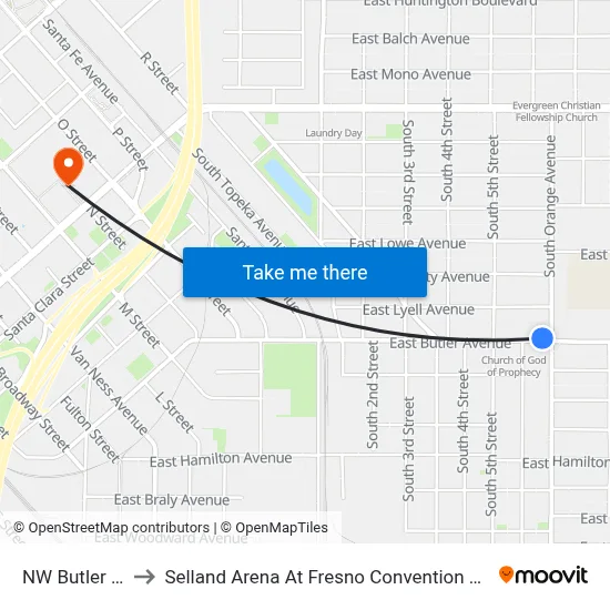 NW Butler - Orange to Selland Arena At Fresno Convention & Entertainment Center map