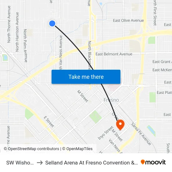 SW Wishon - Olive to Selland Arena At Fresno Convention & Entertainment Center map