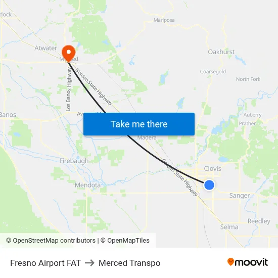 Fresno Airport FAT to Merced Transpo map