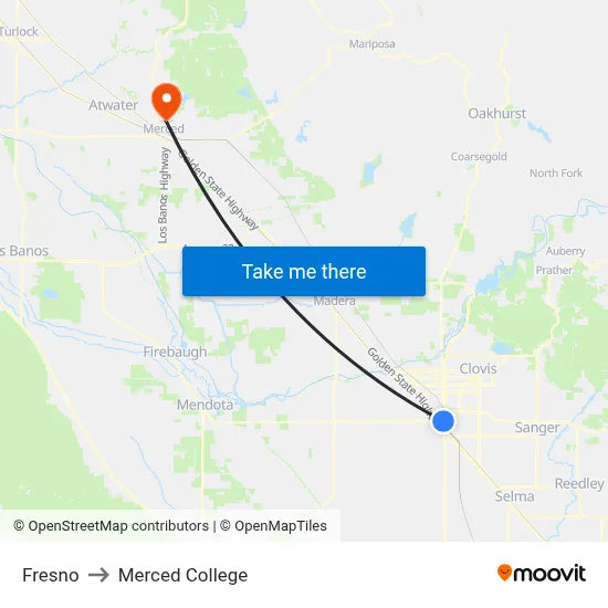 Fresno to Merced College map