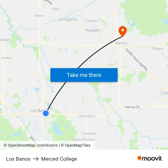 Los Banos to Merced College map